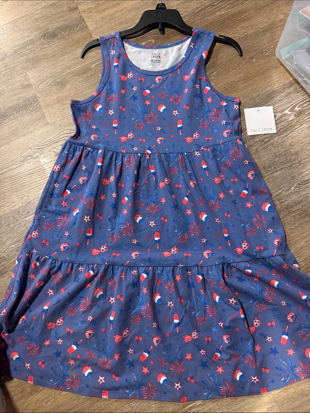 14/16 Falls Creek Navy Sleeveless Tiered Dress with Red & White Patriotic Print